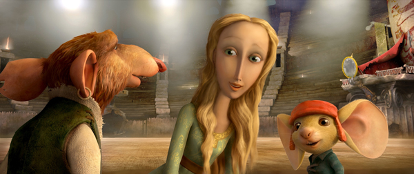 Roscuro (Hoffman), Princess Pea (Watson) and Despereaux (Broderick) plot